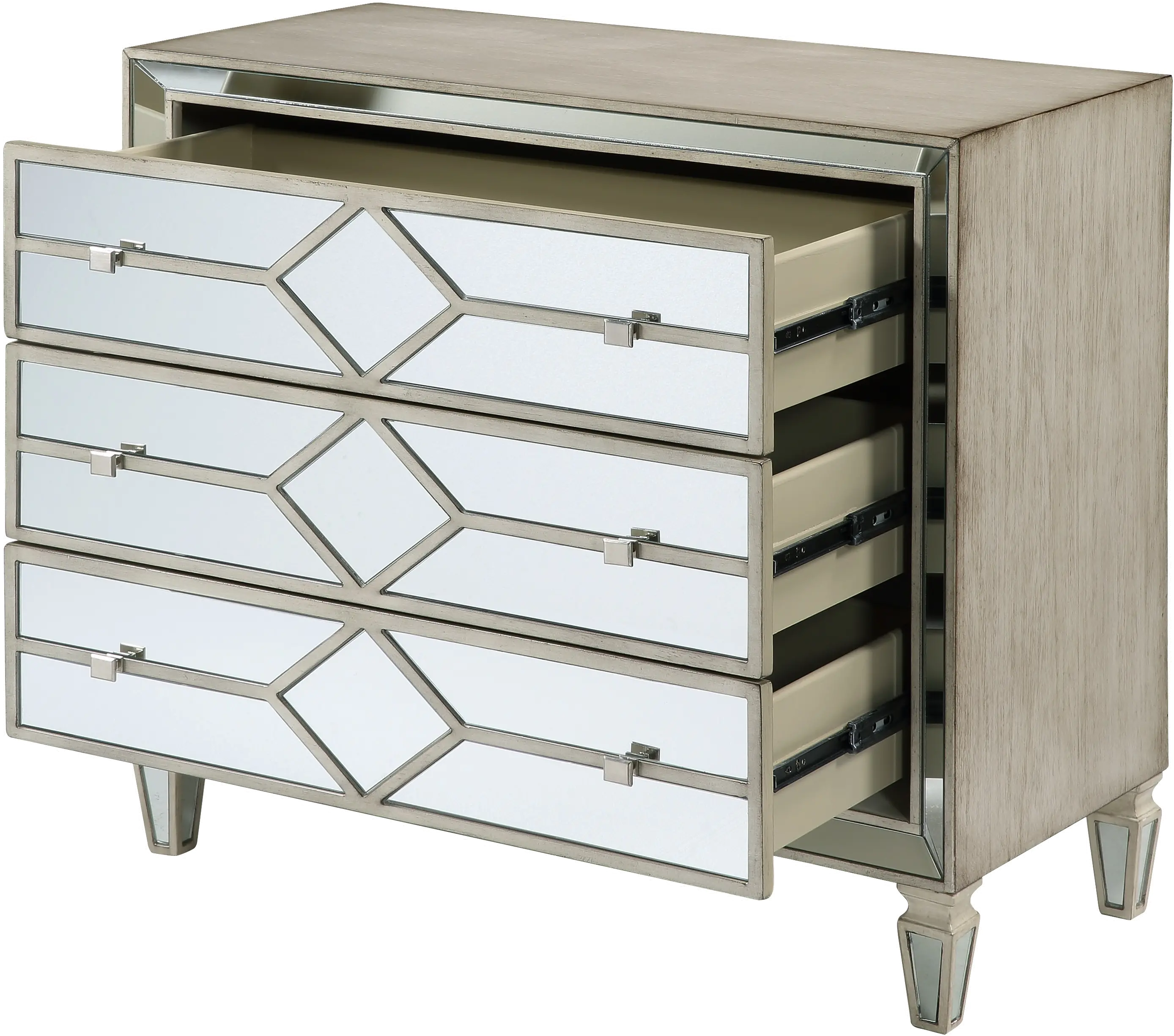 Burnished Ivory and Mirrored 3 Drawer Accent Chest