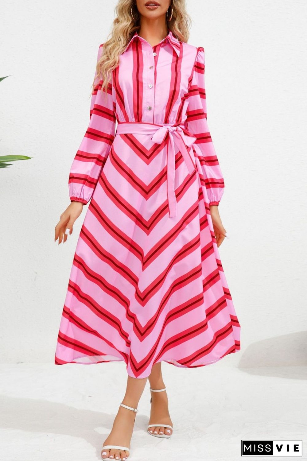 Blue Casual Striped Print Patchwork Turndown Collar Shirt Dress Dresses