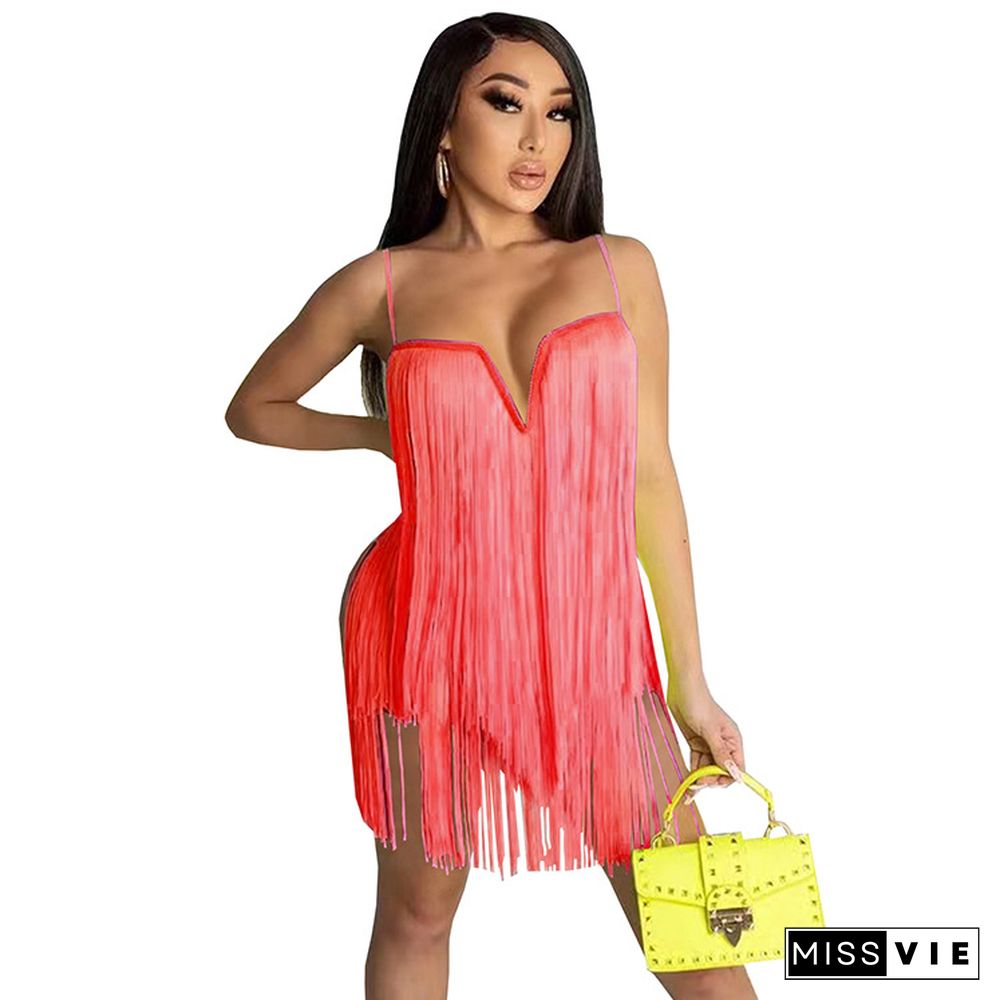 Sexy Solid Color Club Tassel Fringe V Neck Bodycon Mini Dress