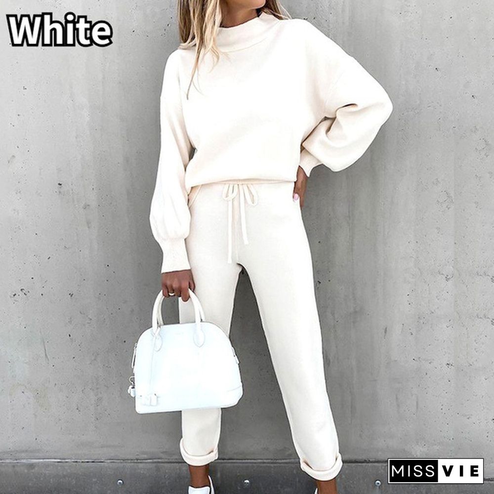 Women's Solid Color Turtleneck Sweatshirt With Drawstring Pants Casual Long Sleeve Pullover Sports Set Two Piece Outfit Plus Size Xxs-5Xl