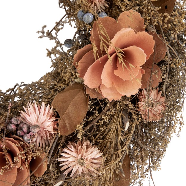 Northlight Orange And Coral Pink Twig And Floral Autumn Harvest Wreath 13 75 inch Unlit