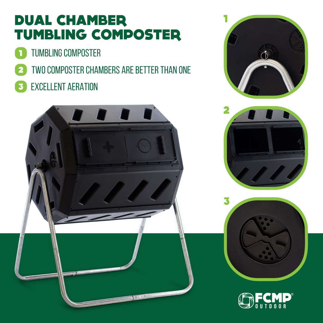 FCMP Outdoor 37 Gal Dual-Chamber Quick Curing Tumbling Composter Soil Bin