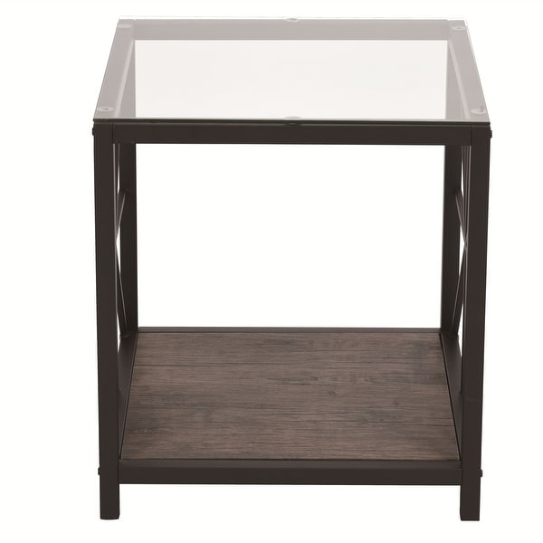 Homylin Industrial Square Side End Accent Table-Glass/Wood