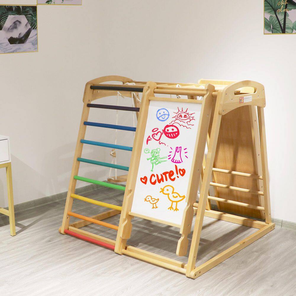 TIRAMISUBEST Solid Wood 7-in-1 Indoor Climber with Slide and Swing for Kids from 18 months to 10 years old W679XYS00027