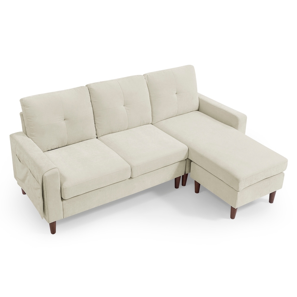 Chenille Convertible Sectional L shape Sofa Couch  3 Seats Sofa with Removable Cushions and Pocket  Rubber Wood Legs