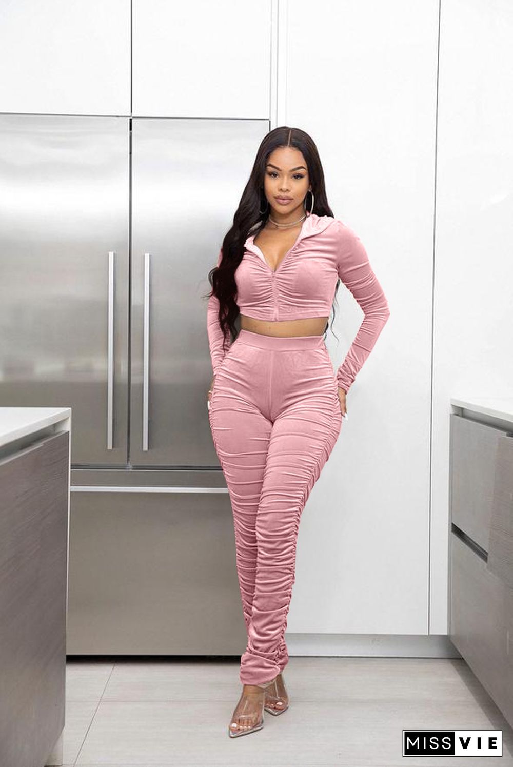 Velvet Zipper Hooded Jacket Crop Top Pants Set