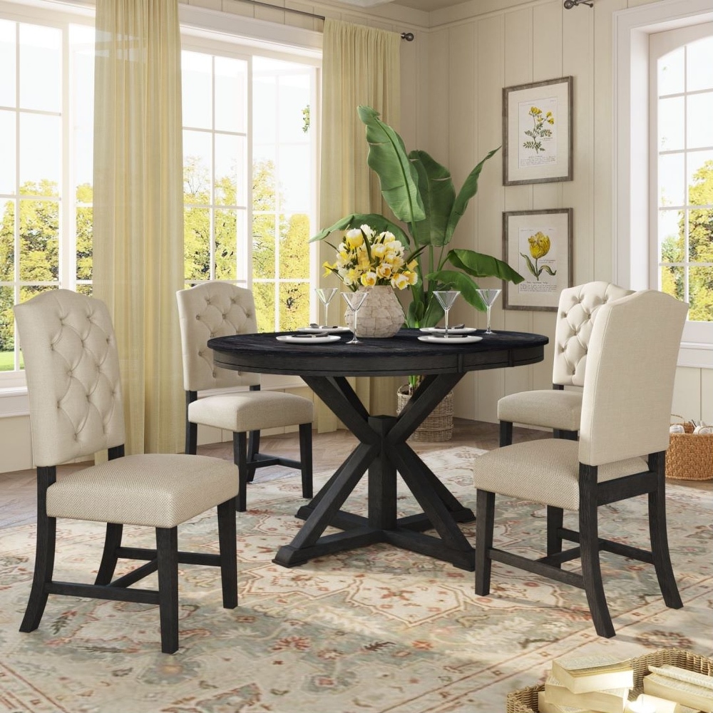 Retro Style Dining Table Set with Extendable Table and 4 Upholstered Chairs