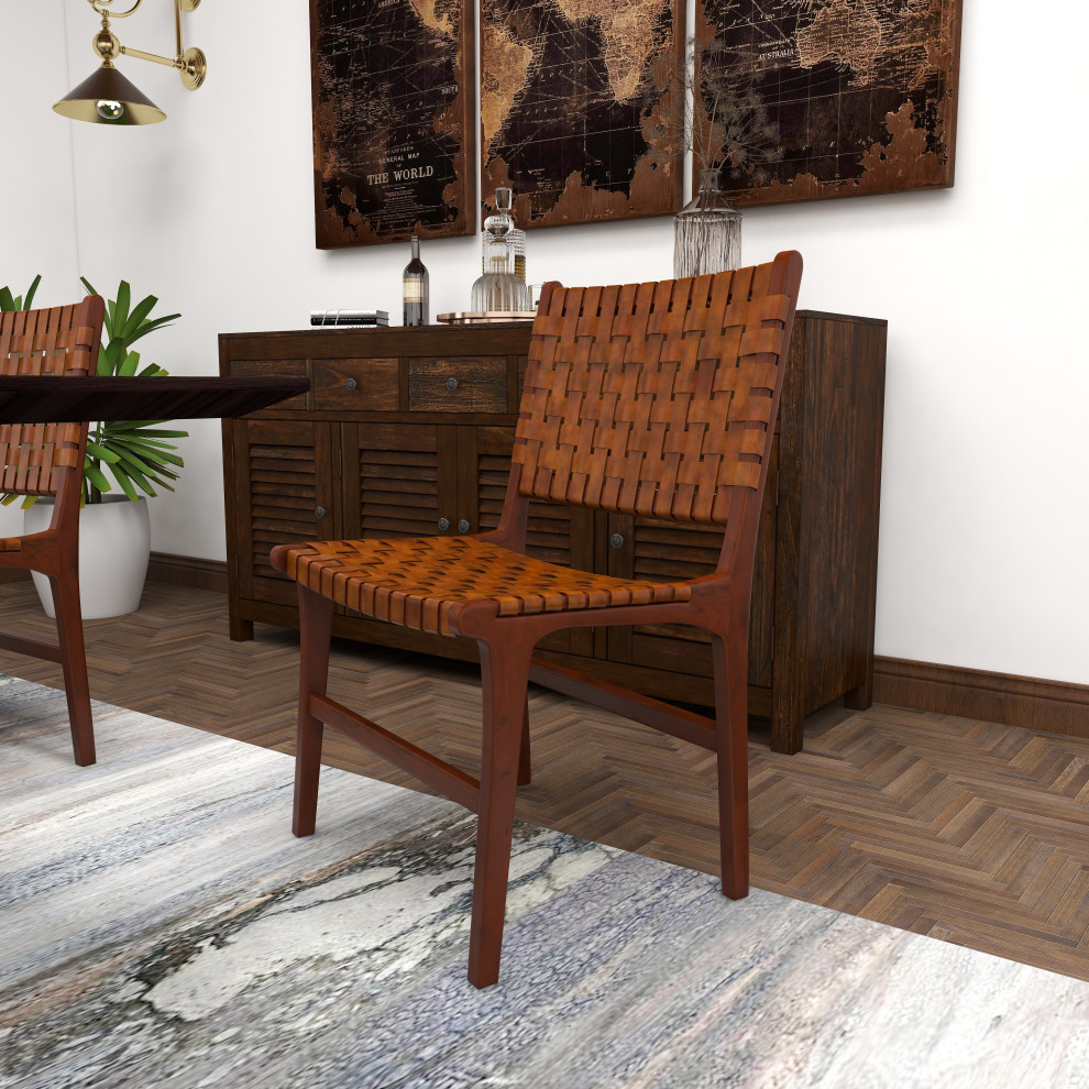 Set of 2 Leather and Teak Contemporary Dining Chair 64777   Transitional   Dining Chairs   by Brimfield  ampMay  Houzz