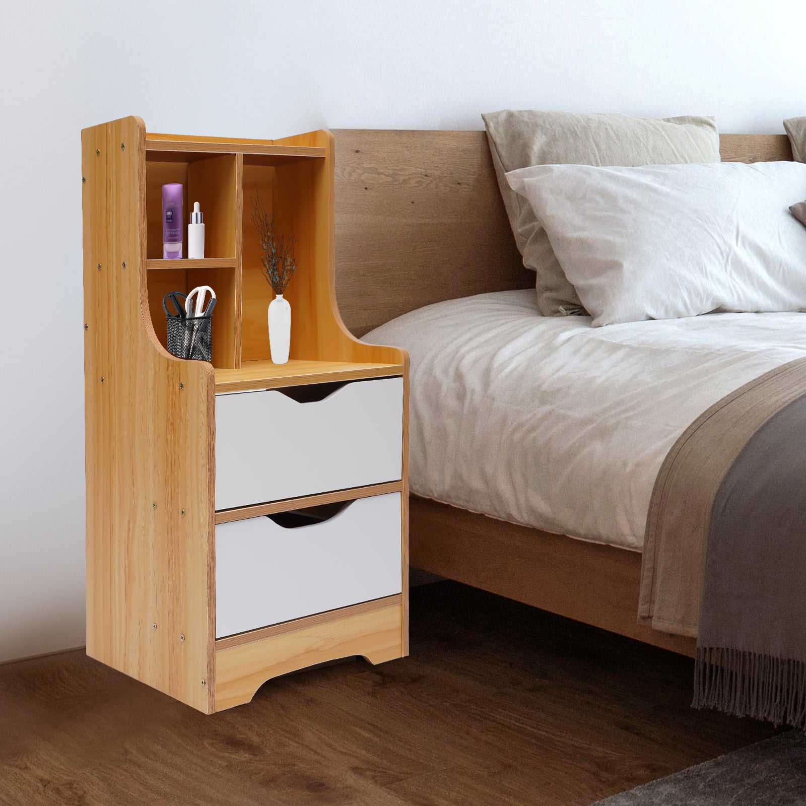 Oukaning  Modern Wood Nightstand Side Furniture with 2 Drawers and Storage Shelves Wood Color