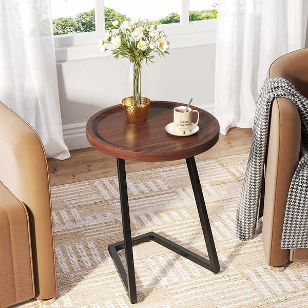 Round End Side Table With L-shapped Metal Legs， Small Bedside Tables，Snack Coffee Table for Living Room