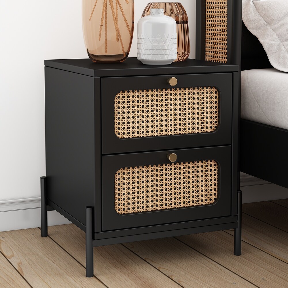 Cannage Rattan Closet 2 Drawer Walnut Bedside Table End Table Nightstand for Bedroom Living Room Entryway Hallway  Black