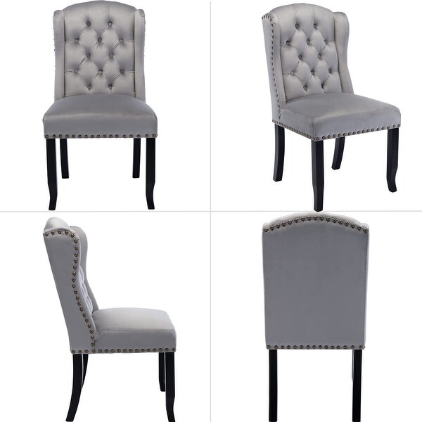 Dining Chairs Set of 2， Tufted Velvet Upholstered Dining Room Chairs with High Back and Wooden Legs， Grey - as picture