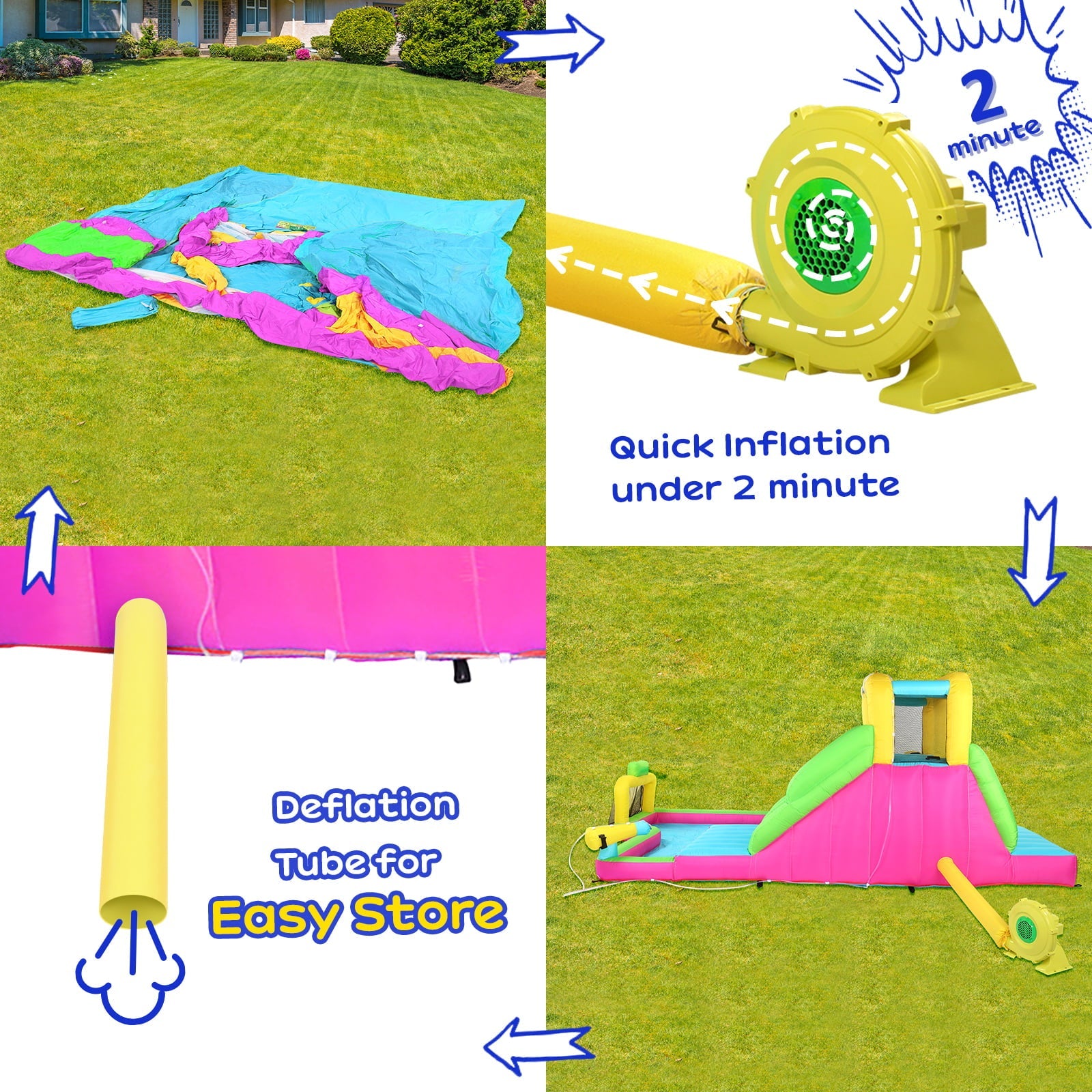 JOYMOR 6-in-1 Inflatable Double Water Slide Park for Kids Backyard, Bounce House w/ Obstacle Crossing, Ball Net, Climbing Wall, Water Gun, Bouncer Castle Outdoor Playhouse (Included Blower)