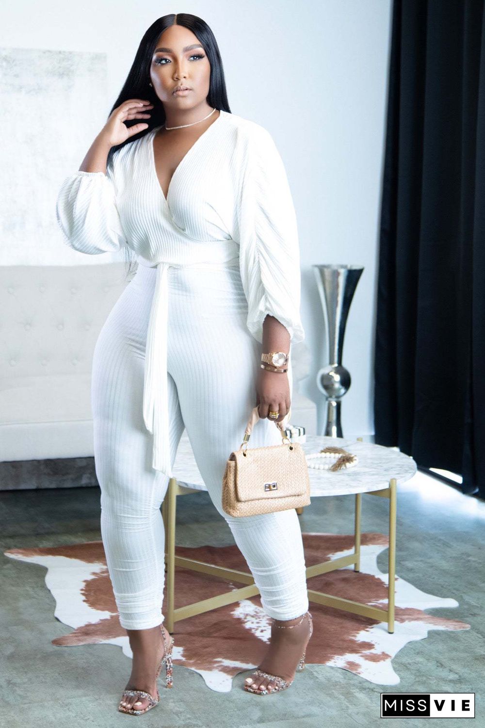 5XL Long Sleeve V Neck Plus Size Jumpsuits