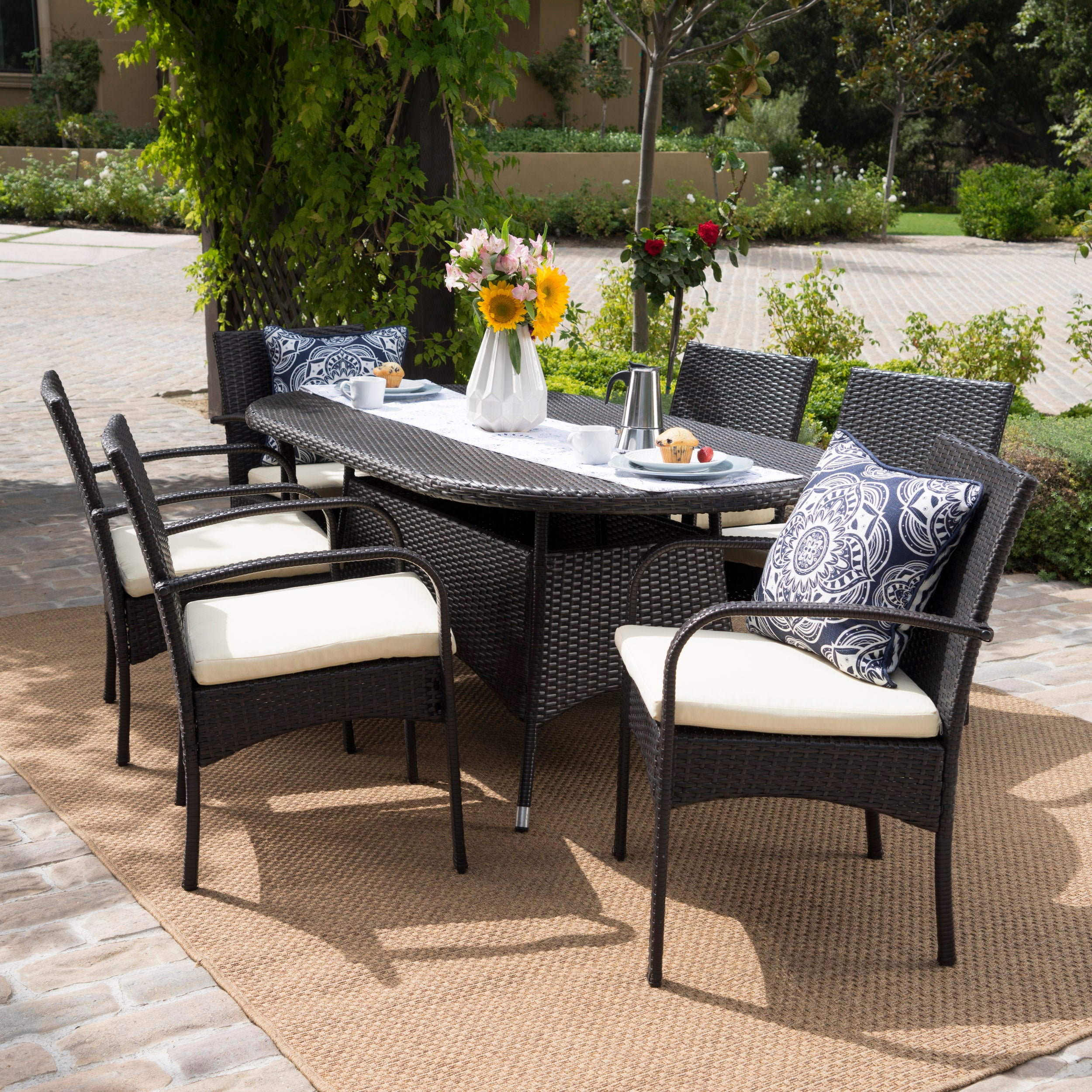 Carmela Outdoor 7pc Multibrown PE Wicker Long Dining Set