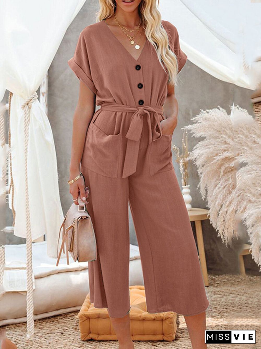 Solid Button Belt V-neck Pocket Short Sleeve Jumpsuit