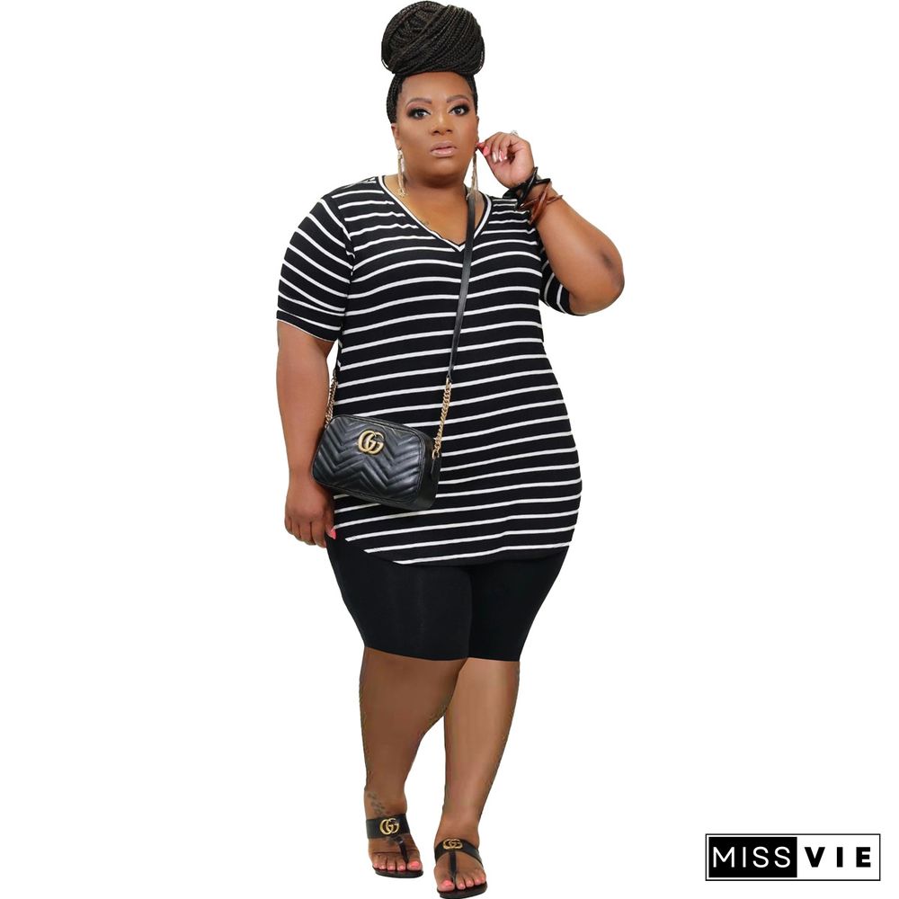 Plus Size Clothing Striped Short Sleeve V Neck T Shirt Bodycon Shorts Women Summer 2 Piece Set