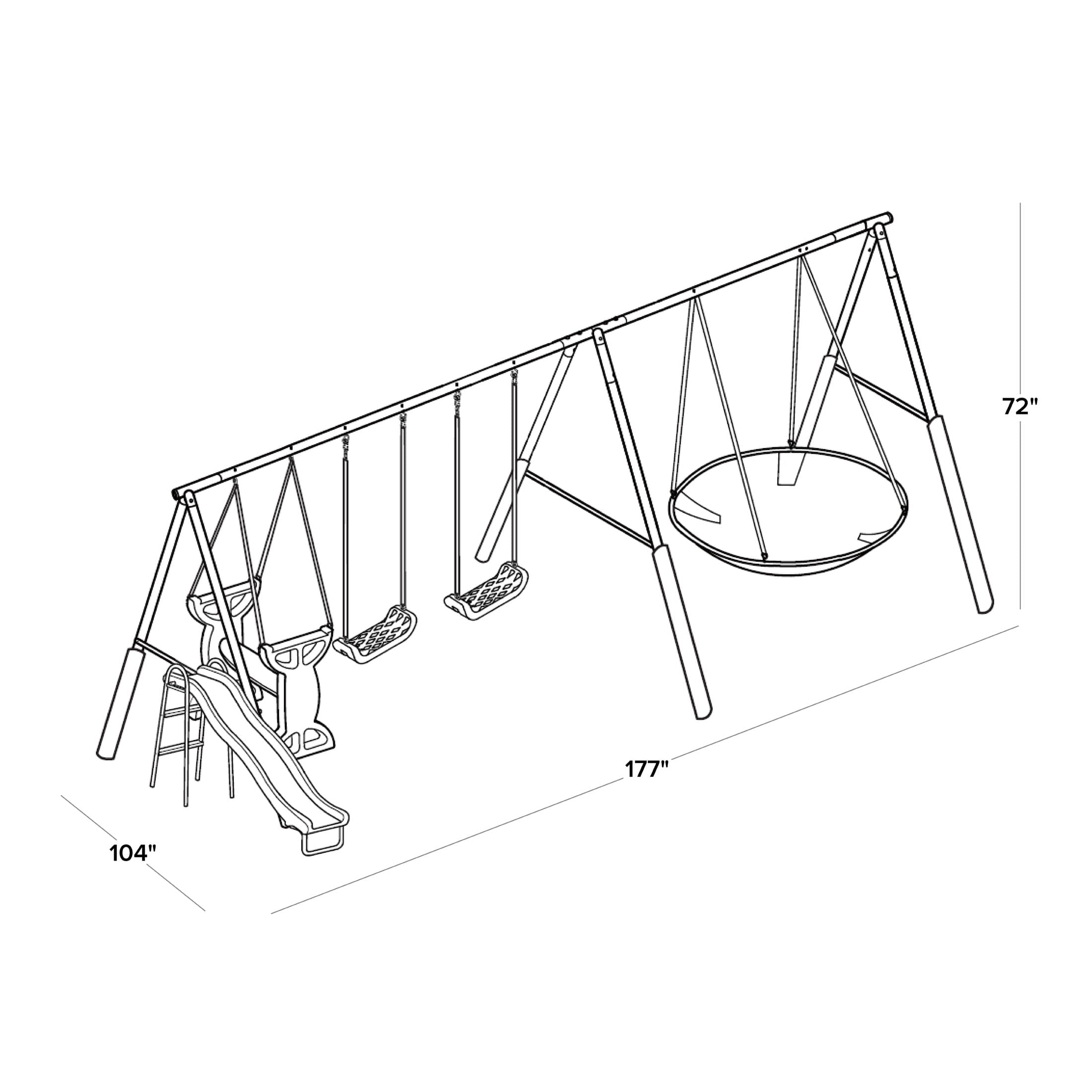 Sportspower Super Star Metal Swing Swing Set with 6-ft Slide， Saucer Swing and Glider Swing