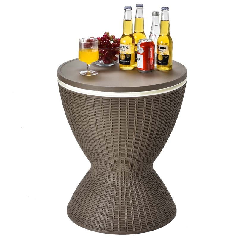 3-in-1 Rattan Outdoor Patio Bar Side Table with Ice Bucket, 8 Gallon Ice Cooler Wine Cocktail Table for Deck Pool Party