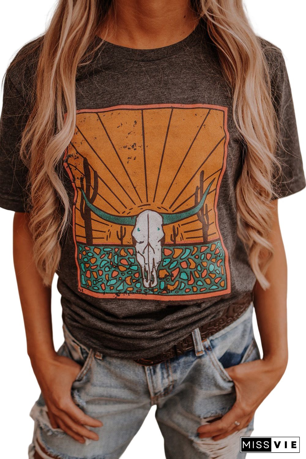 Gray Western Steer Skull Graphic Print Crew Neck T Shirt