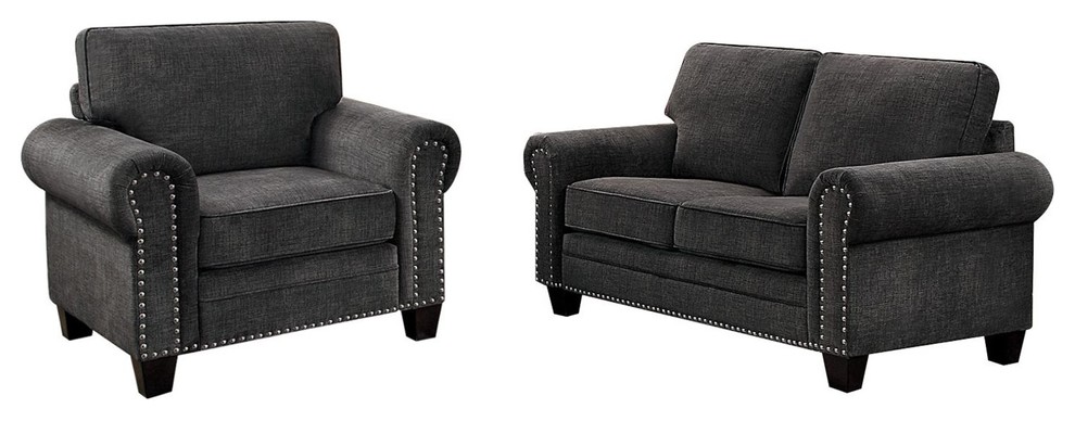 2 Piece Chermire Nail Trimmed Love Seat and Chair  Dark Gray Fabric   Transitional   Living Room Furniture Sets   by AMOC  Houzz