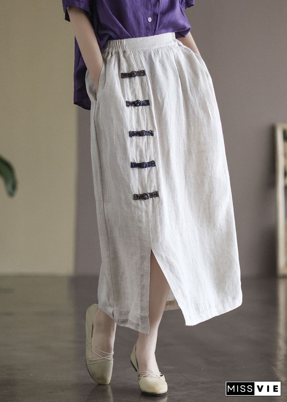 White Pockets Linen A Line Skirts High Waist Oriental Button Summer