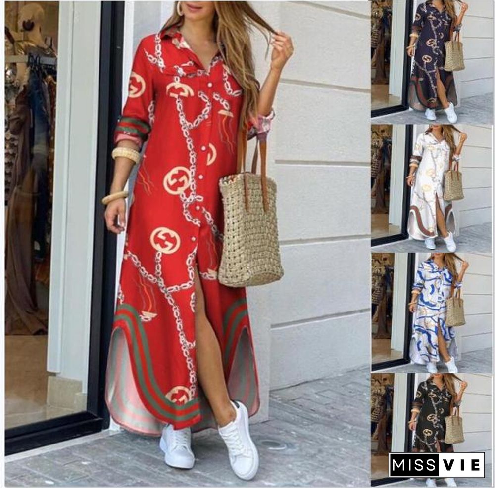 New Fashion Boho Dress Casual Loose Long Sleeve Chain Print Shirt Dress Long Dress Vestidos De Mujer