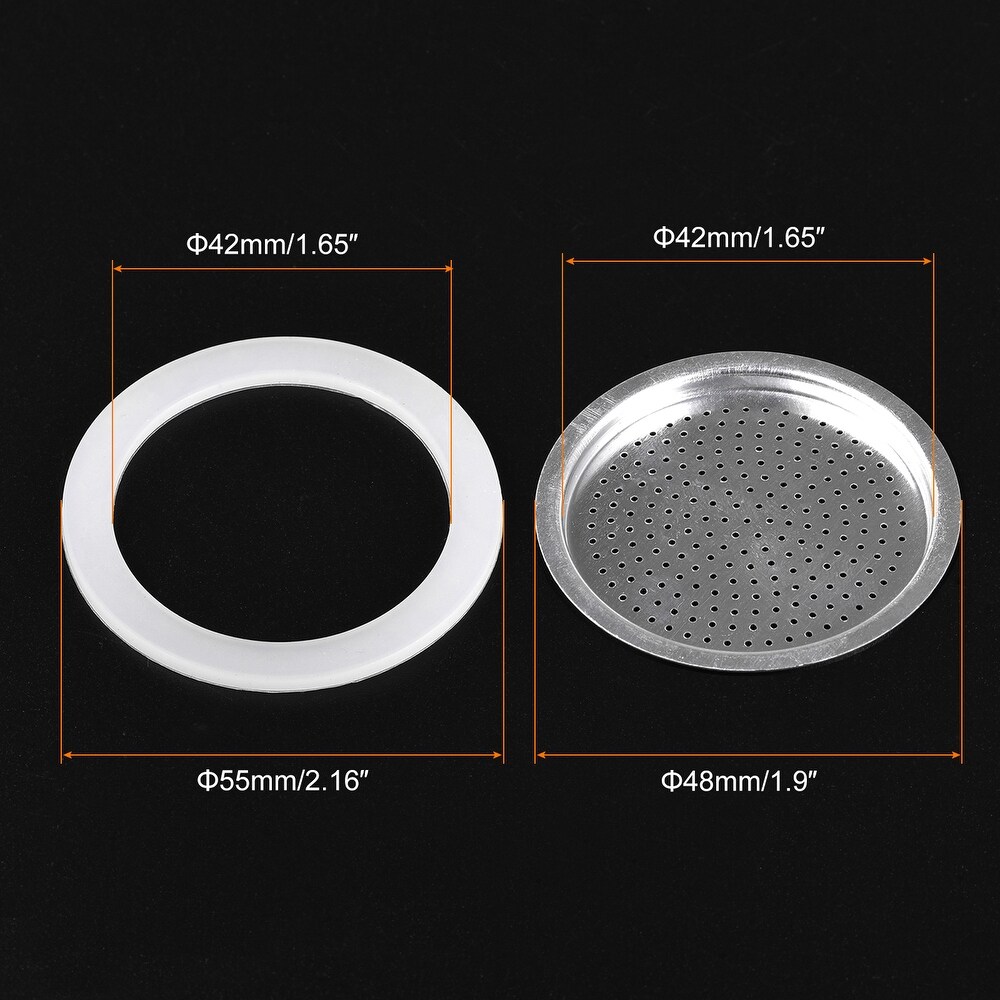 6x Silicone Gasket 2x Filter Screen 48x42mm for 2 Cup Mocha Coffee Pot   White  Silver Tone