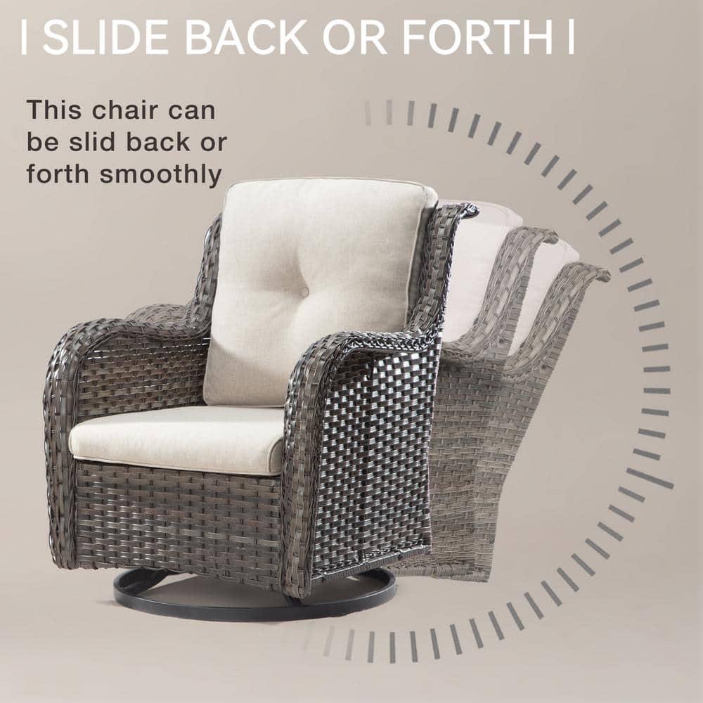 JOYSIDE 3Piece Wicker Patio Swivel Outdoor Rocking Chair Set with Beige Cushions and Table