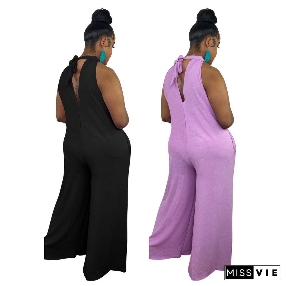 Women Summer Solid Color Sleeveless Halter Neck Loose Wide Leg High Streetwear Jumpsuit