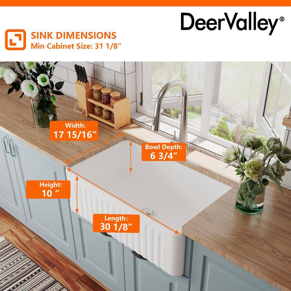 DEERVALLEY Harvest White Ceramic 30 in. L x 18 in. W Rectangular Single Bowl Farmhouse Apron Kitchen Sink with Grid and Strainer DV-1K026