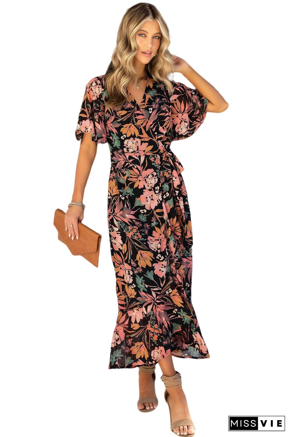 Black Floral Print Knotted Wrapped V Neck Maxi Dress