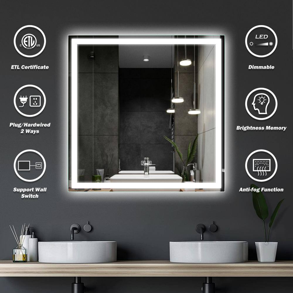 HOMLUX 30 in. W x 30 in. H Rectangular Frameless LED Light with 3-Color and Anti-Fog Wall Mounted Bathroom Vanity Mirror 7D5D00479D