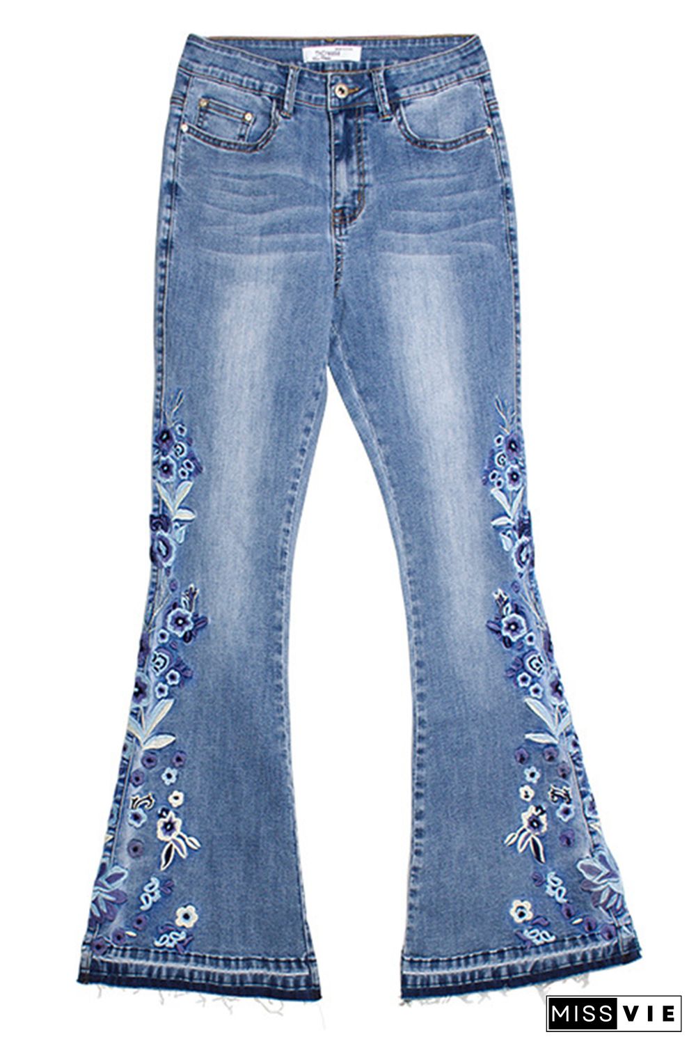 Bleach Embroidered Side Bell Bottom Flared Jeans Wholesale Boutique