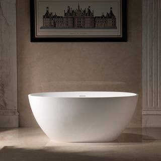 WOODBRIDGE Newark 55 in. Solid Surface Stone Resin Flatbottom Freestanding Bathtub in Matte White with 2-drain covers HBT6057