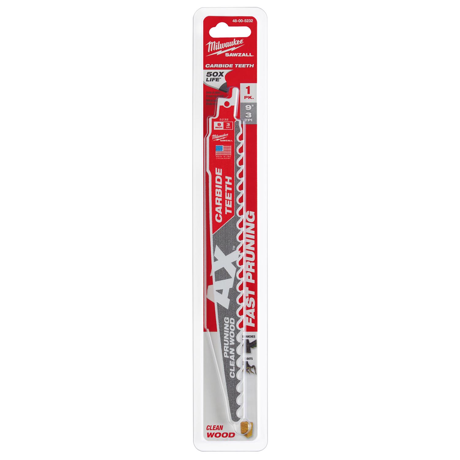 MW AX Sawzall 9 in. Carbide Pruning \u0026 Clean Wood Reciprocating Saw Blade 3 TPI 1 pk