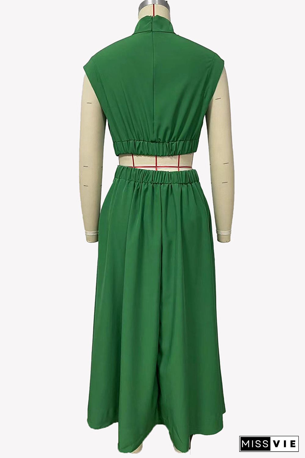 Plain Frilled High Collar Cut Out Waist Maxi Dress