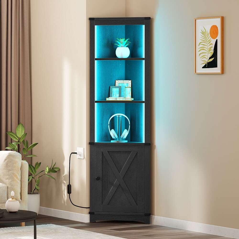 Moasis LED Corner Storage Cabinet with Light Farmhouse Tall Corner Cabinet with Barn Door Design