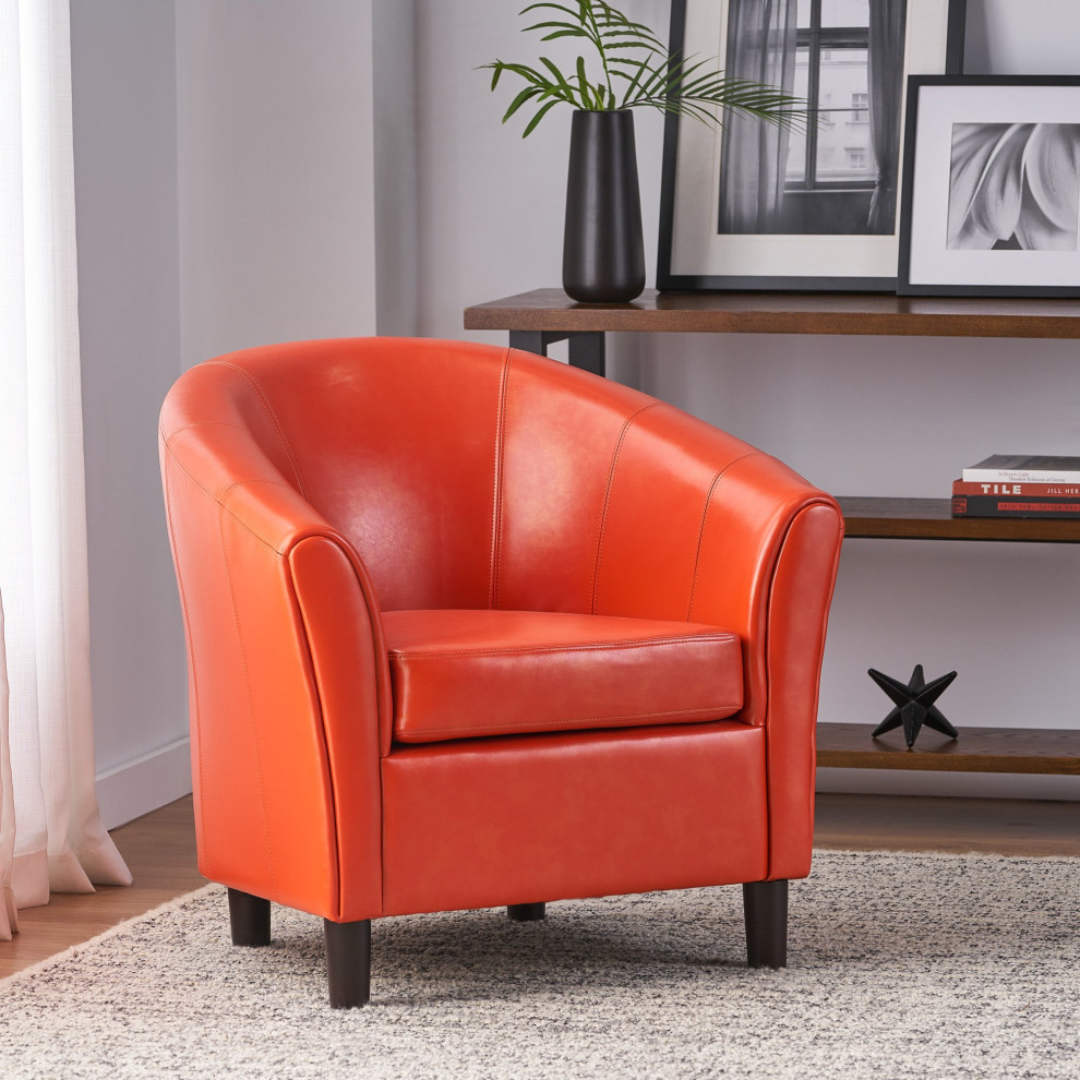 Comfortable Accent Chair  Bonded Leather Seat With Rounded Backrest  Orange   Contemporary   Armchairs And Accent Chairs   by Declusia  Houzz