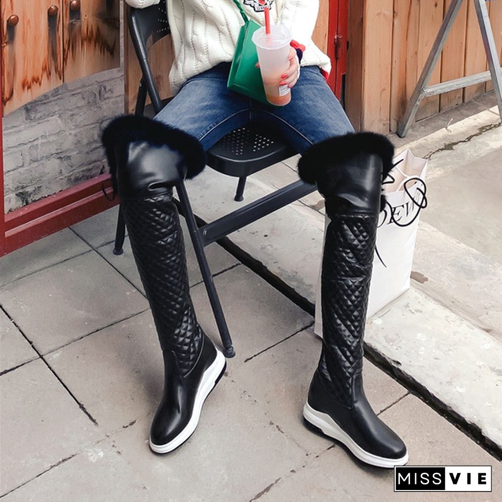 The New Winter Snow Boots Women Warm Fur Fashion Long Boots Casual Wedge Heels Over The Knee Motorcycle High Qulity Boots Female Black Or White Shoes Plus Size 33-43