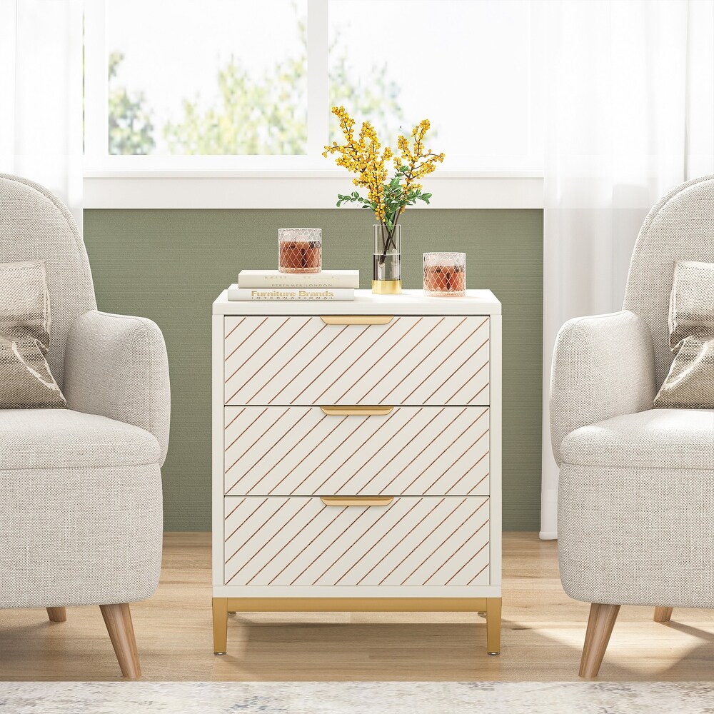 White and Gold Night Stands for Bedrooms Light Wood Grain Nightstands with 3 Drawers