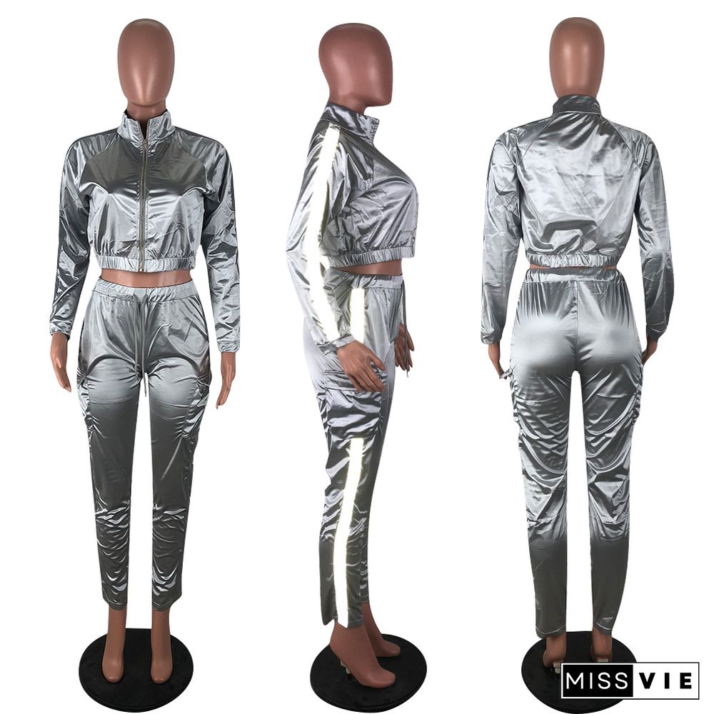 Hot Sale Luminous Strip Spliced Jacket Two-piece Pants Set