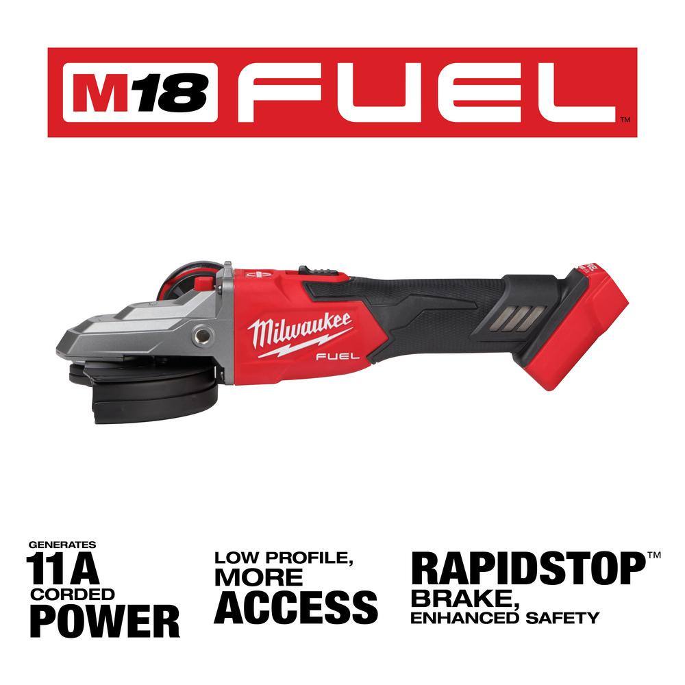 MW M18 FUEL 18V Lithium-Ion Brushless Cordless 5 in. Flathead Braking Grinder with Slide Switch Lock-On w6.0 ah Battery 2887-20-48-11-1865