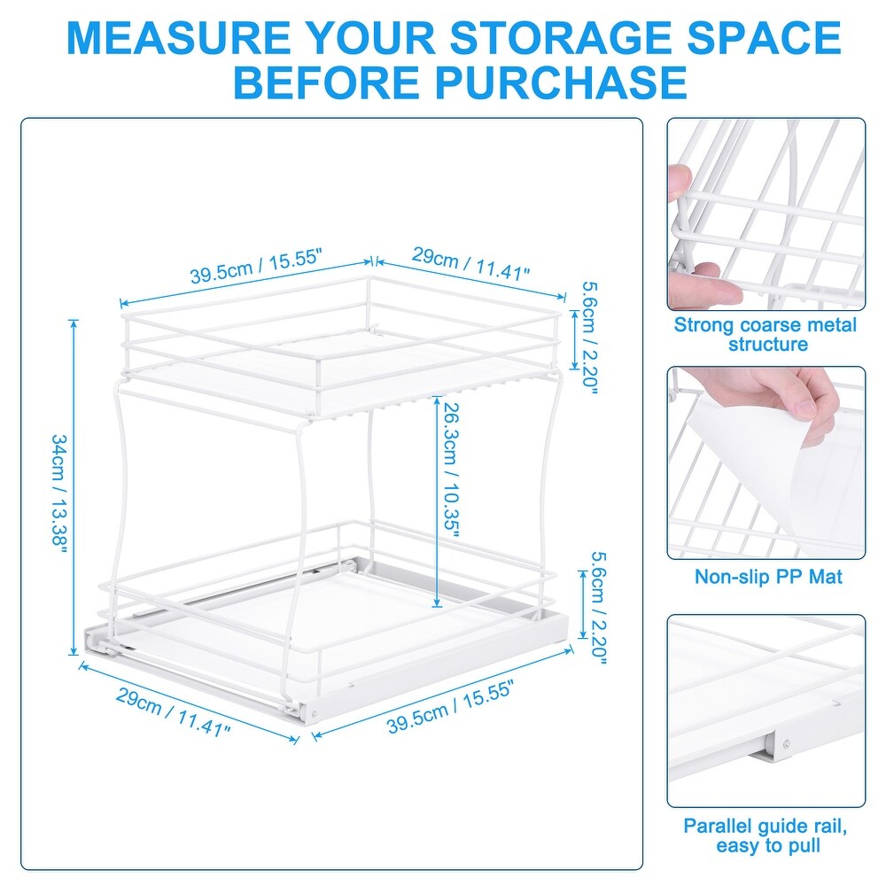 Pull Out Cabinet Organizer 2 Tier Sink Slide Out Storage Shelf for Kitchen White