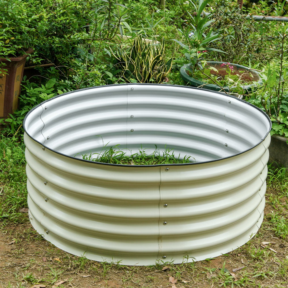 VEGEGA 17" Tall 42" Round Modular Corrugated Metal Raised Garden Beds, White Steel Plant Raised Garden Bed Kit, Planter Boxes Outdoor