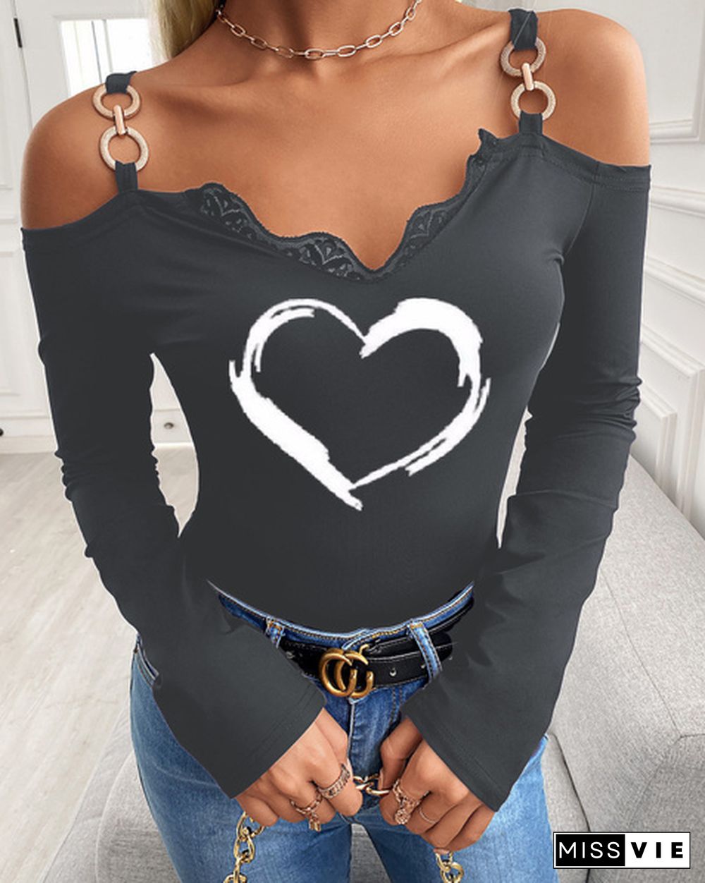 Spring and Autumn Plus Size Fashion Women Casual Heart Printed Lace Trim Cold Shoulder Chain Strap Long Sleeve Tops