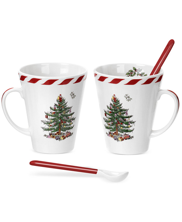 Spode Exclusive Christmas Tree Peppermint Set of 2 Mugs with Spoons