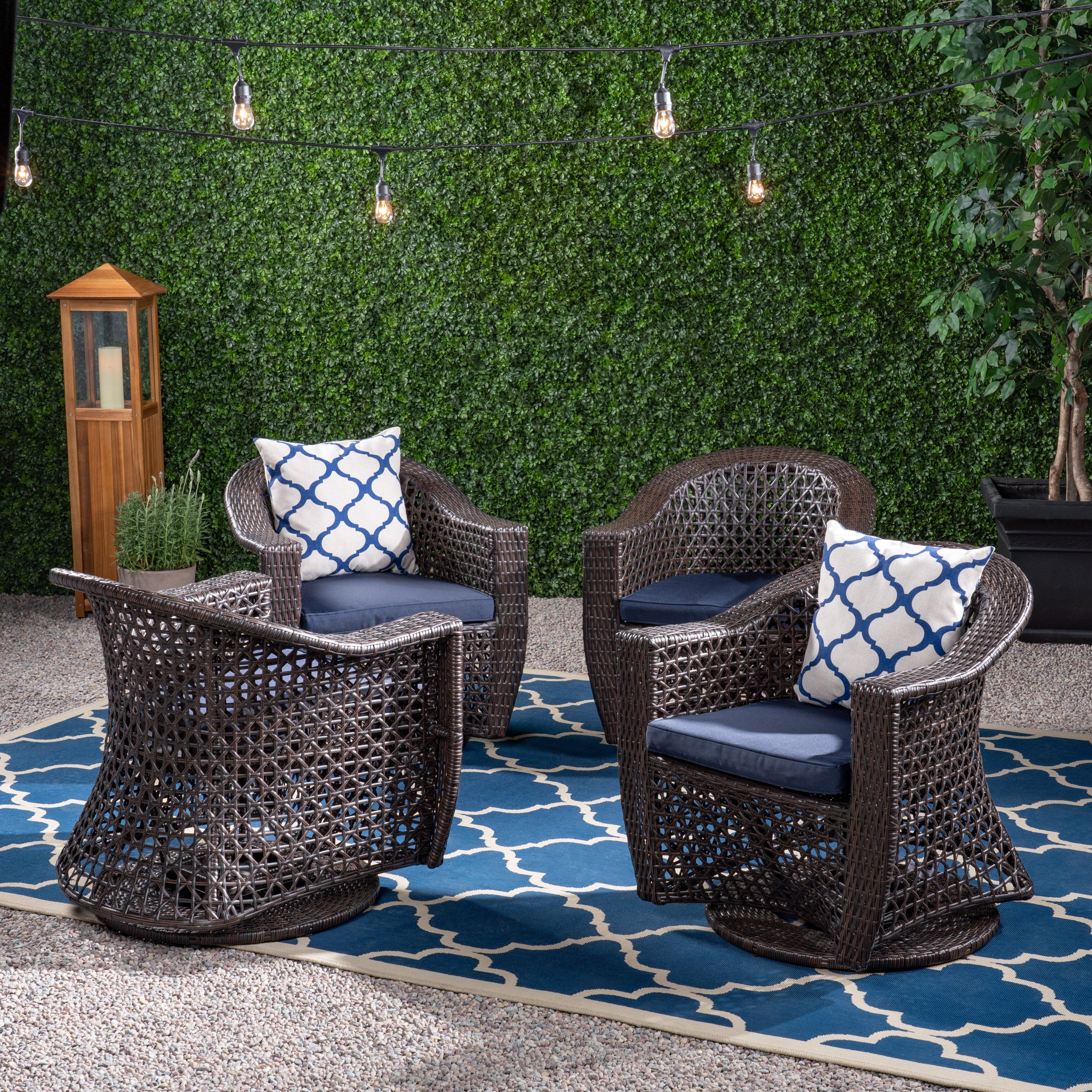 Big Sur Patio Swivel Chair, Wicker with Outdoor Cushions, Multi-Brown, Navy Blue