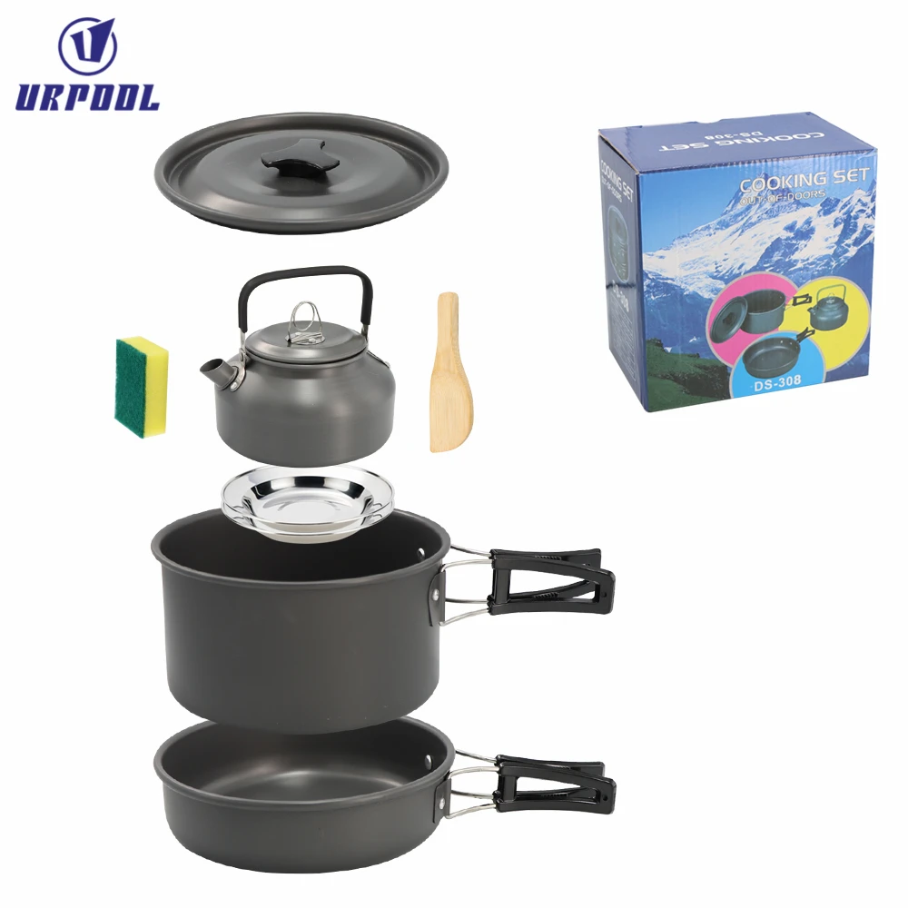 Outdoor cooking utensils mess kit Anti Scalding Design Portable Outdoor Camping dinnerware set with Folding Handle