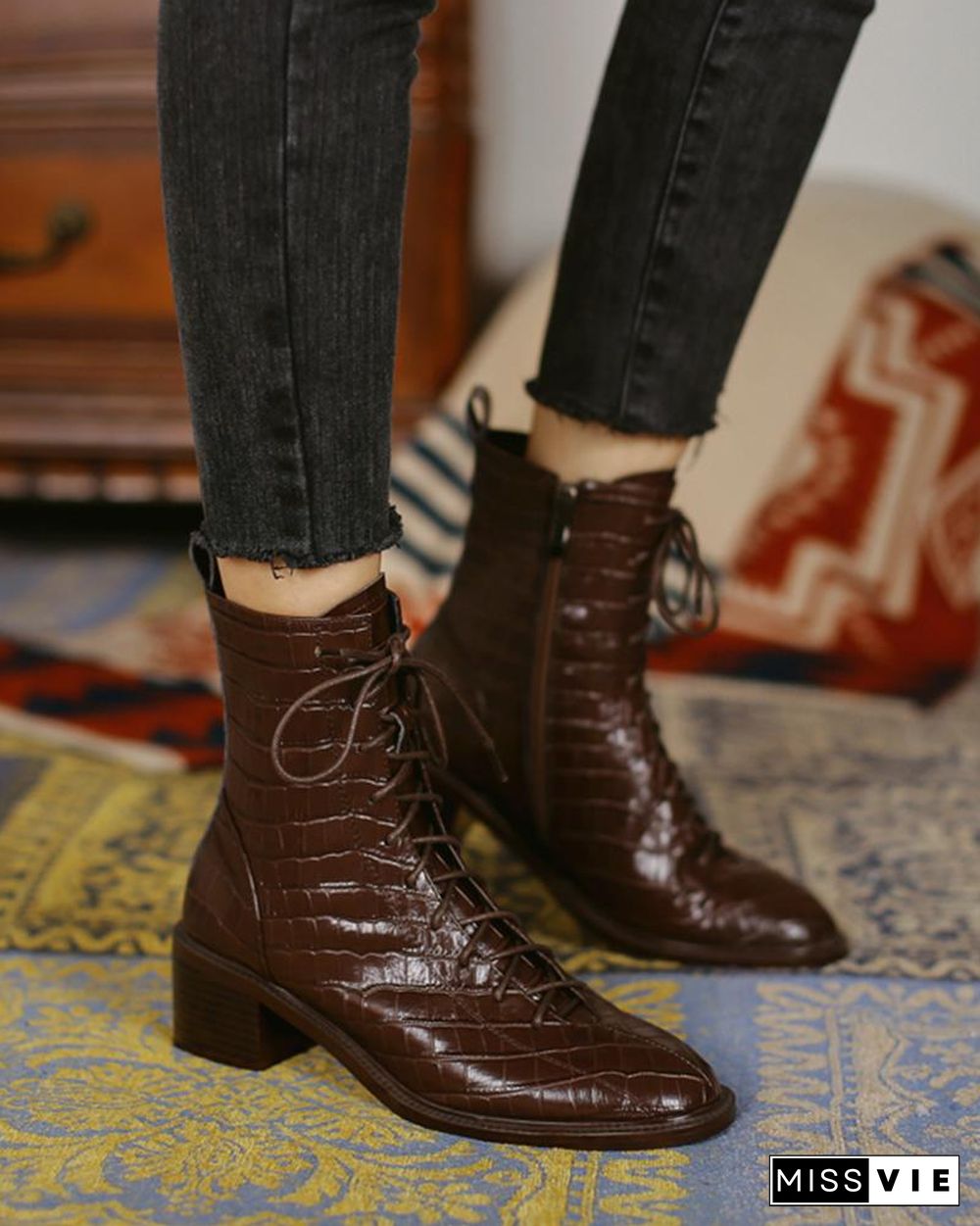 Pointed-toe Crocodile Leather Martin Boots